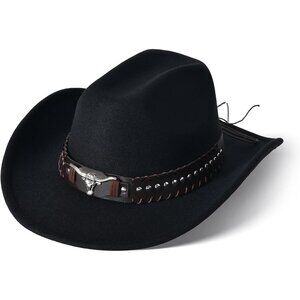 Unisex Black Western with Bull Skull Buckle Band Fedora Classic Cowboy Felt Hat